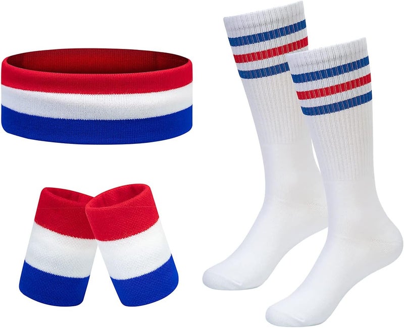 BEFORYOU Striped Sweatbands Set, Sports Headband and Wristbands Sweatbands Colorful Cotton Striped Sweatband Set American Flag Style for Men and Women - Image 1